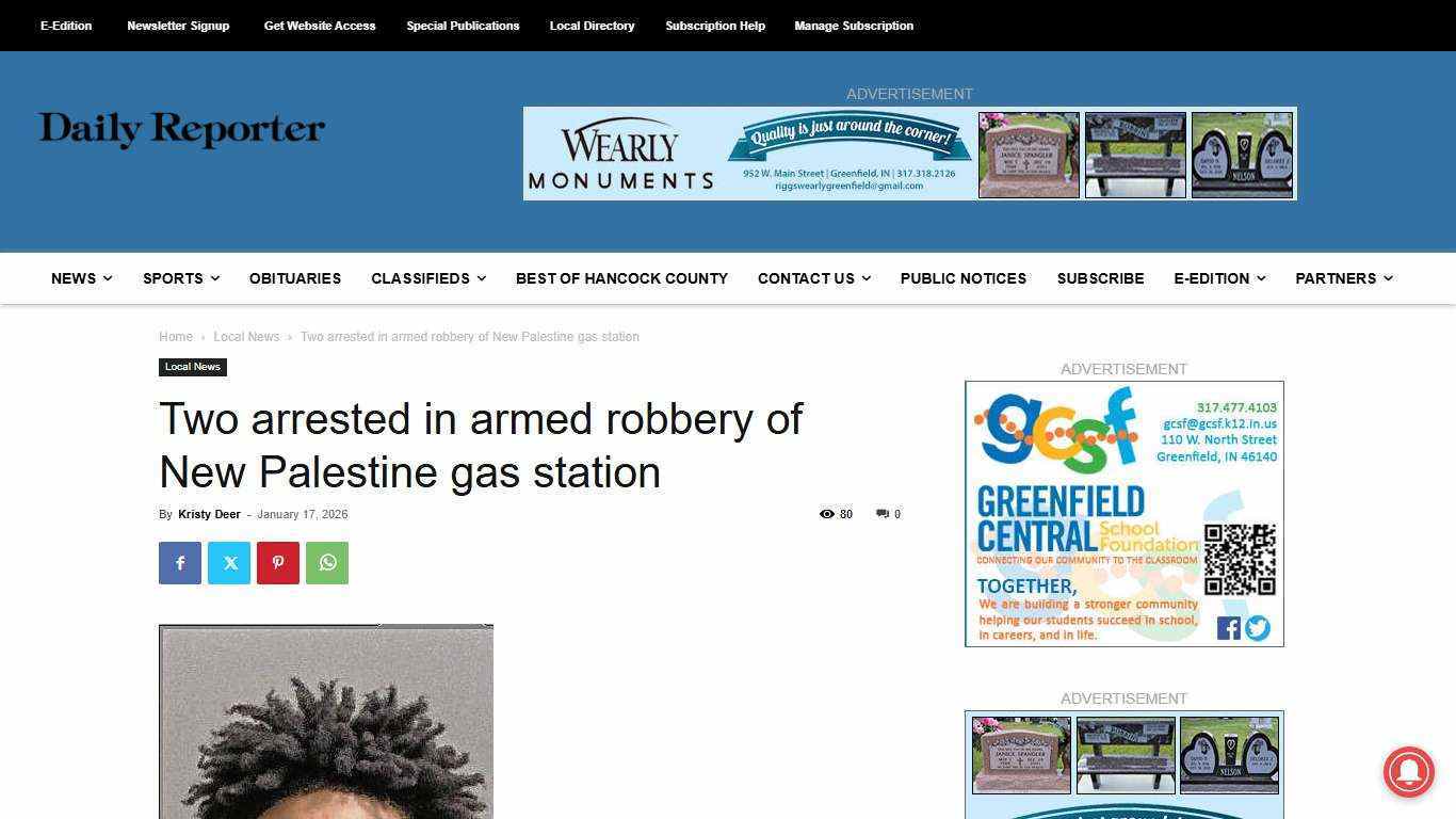 Two arrested in armed robbery of New Palestine gas station - The Daily Reporter - Greenfield Indiana